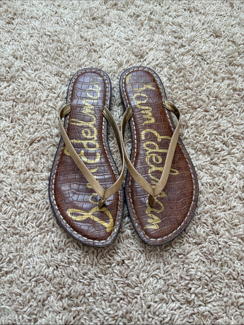 Sam Edelman Gold Strap Brown Croc-Print Flip Flop Sandals